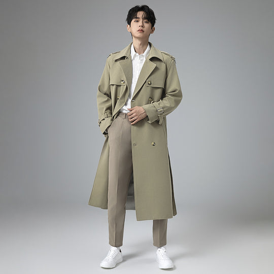 Herren Moderner Maxilanger Doppelreihiger Trenchcoat mit klassischem Revers und verstellbaren Manschetten Shop Nory