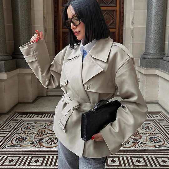 Damen Kurzjacke im Trench-Stil mit taillierendem Bindegürtel und weitem Ärmel Shop Nory