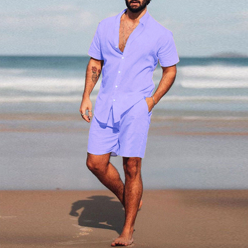 Herren nan zweiteiliges Sommerfreizeitensemble mit offenem Hemdkragen und lockeren knielangen Shorts Shopnory