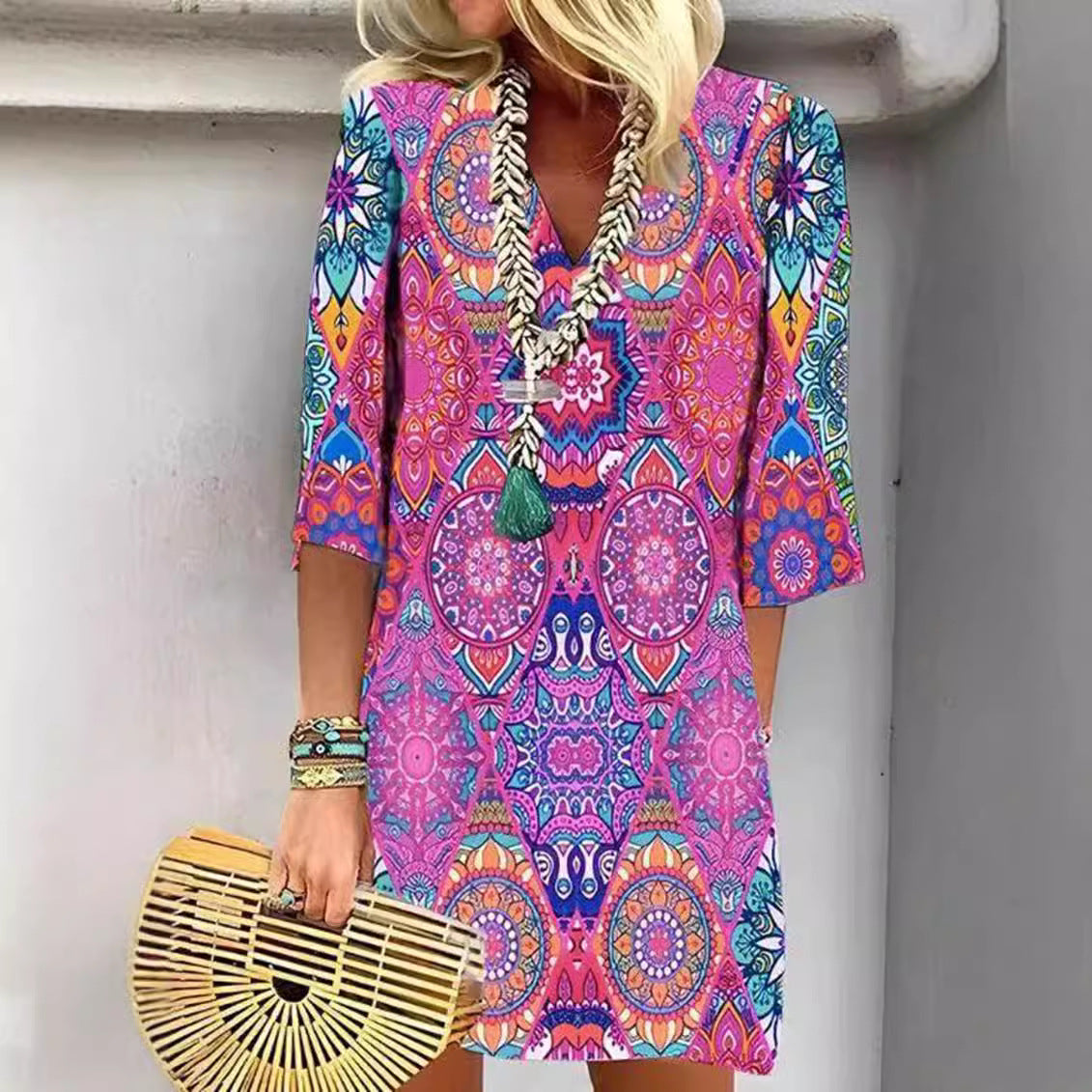 Damen nan kurzes Boho Strandkleid im Mandala-Print mit V-Ausschnitt, dreiviertel-Ärmeln und legerer A-Linie