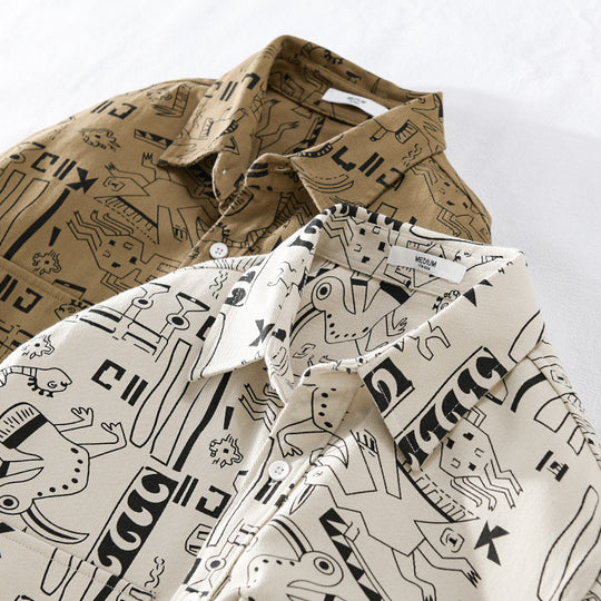 Herren Leichtes Baumwoll-Overshirt mit künstlerischem Linien-Print und doppelter Brusttasche Shop Nory