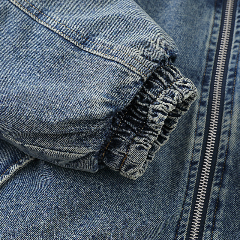 Unisex Boxy Denim‑Blousonjacke mit durchgehendem Reißverschluss, elastischem Saum und Ärmelutilitytasche Shop Nory