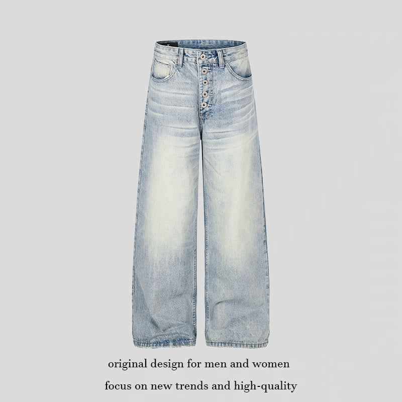 Damen High‑Waist weite Denim‑Palazzo‑Jeans mit Knopfleiste und Used‑Waschung Shop Nory