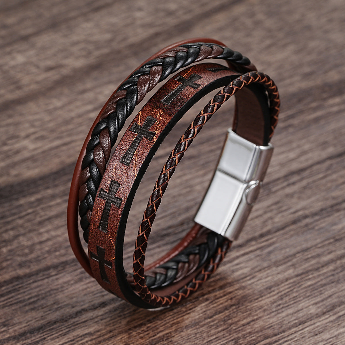 Damen multifunktionales Lederarmband mit geflochtenem Design und Kreuzsymbolen Shop Nory