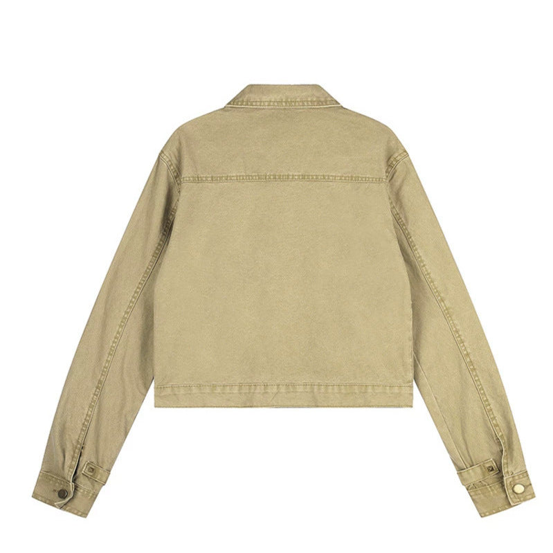Damen Kurz geschnittene Canvas-Jacke mit Hemdkragen und Pyramidennieten Shop Nory