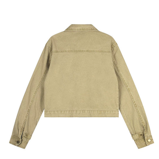 Damen Kurz geschnittene Canvas-Jacke mit Hemdkragen und Pyramidennieten Shop Nory