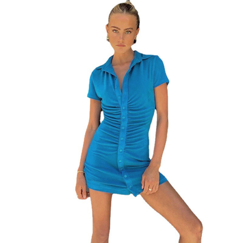 Damen figurbetontes Kurzarm-Kleid mit vertikalem Raffungseffekt und modischen Knopfdetails