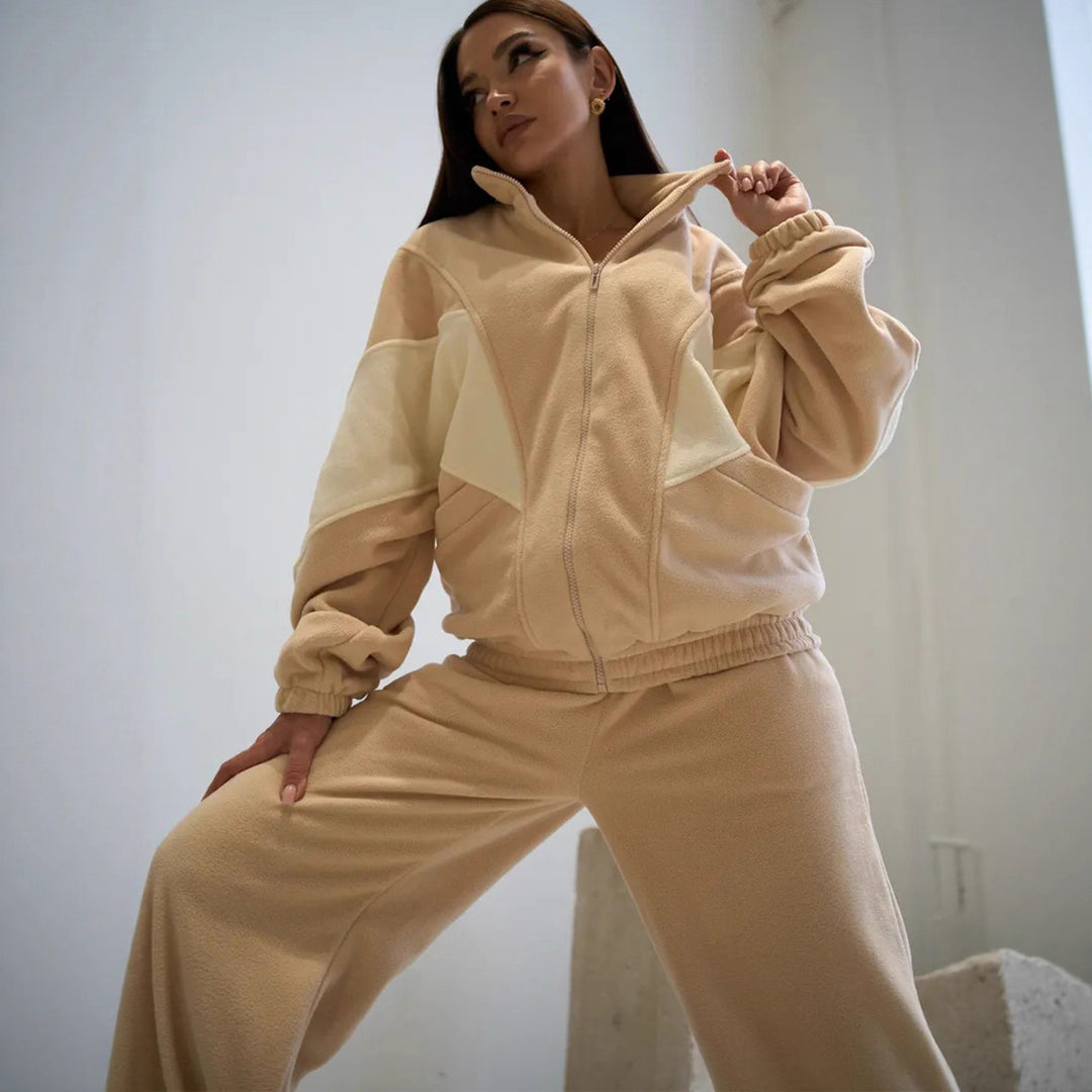 Damen Oversized Fleece-Lounge-Set mit Stehkragen, Reißverschlussjacke und weiter Palazzohose Shop Nory