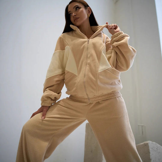 Damen Oversized Fleece-Lounge-Set mit Stehkragen, Reißverschlussjacke und weiter Palazzohose Shop Nory