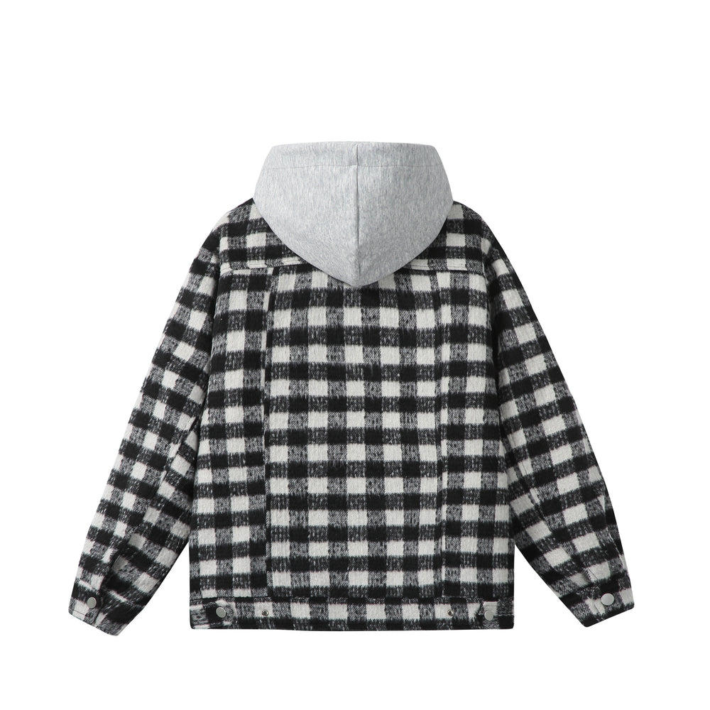 Damen Kurzblouson im Shacket‑Stil mit Karo‑Wolloptik und integrierter Sweatkapuze Shop Nory