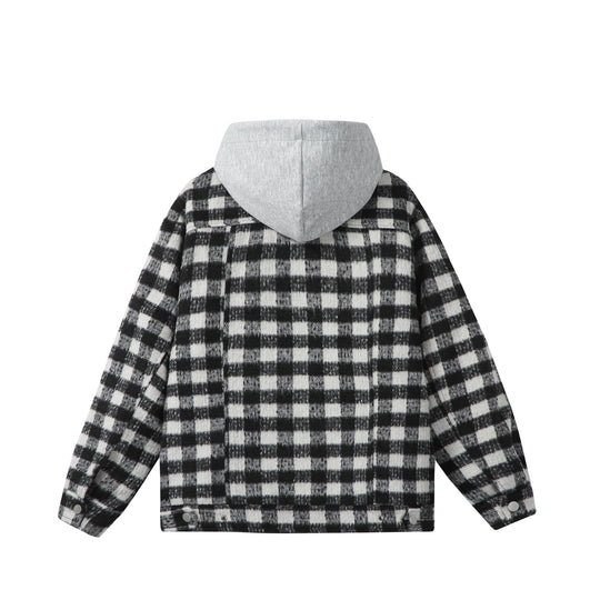 Damen Kurzblouson im Shacket‑Stil mit Karo‑Wolloptik und integrierter Sweatkapuze Shop Nory