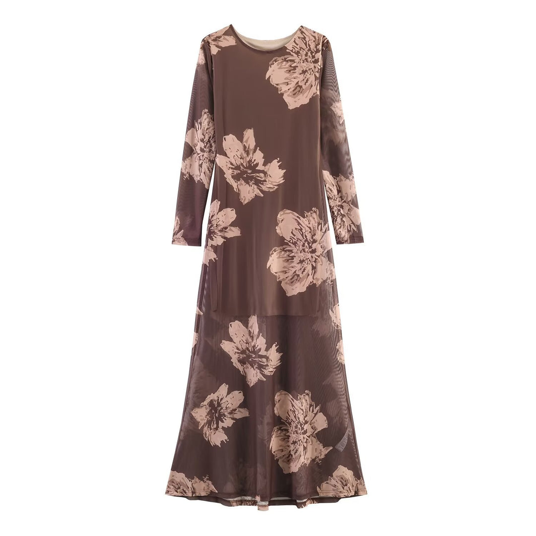 Damen Maxikleid mit semi-transparentem Mesh-Overlay, langen Ärmeln und ausgestellter A-Linie Shop Nory