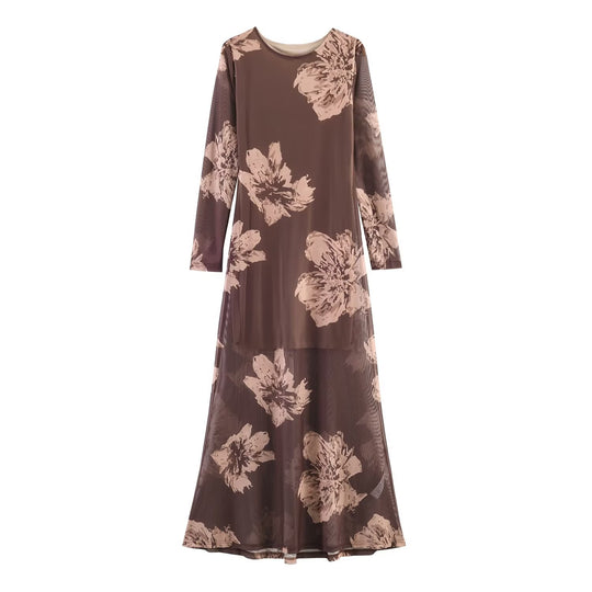 Damen Maxikleid mit semi-transparentem Mesh-Overlay, langen Ärmeln und ausgestellter A-Linie Shop Nory