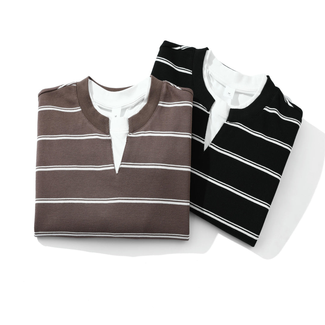 Unisex Gestreiftes Langarm-Sweatshirt mit V-Notch und Waffelstruktur Shop Nory