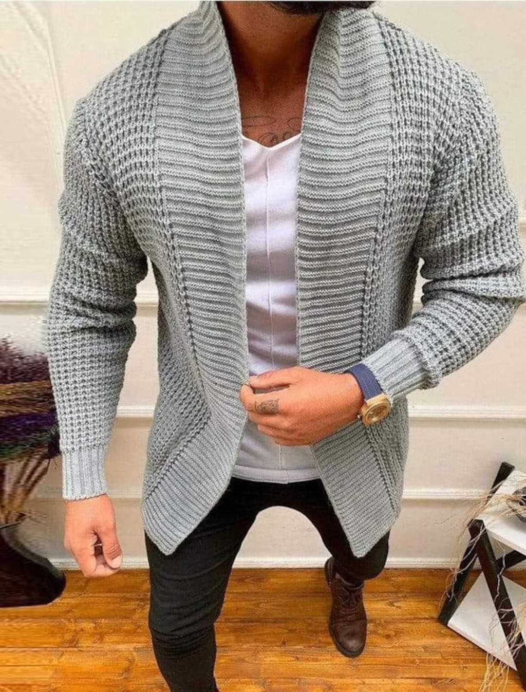 Herren Grobe Strickjacke mit offenem Design und tiefem Kragen Shopnory