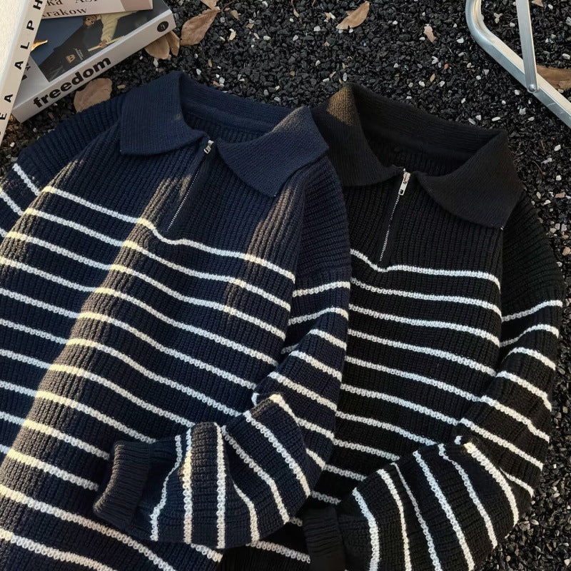 Unisex Grobgestrickter Oversize-Pullover mit halbem Reißverschluss und Polokragen Shop Nory