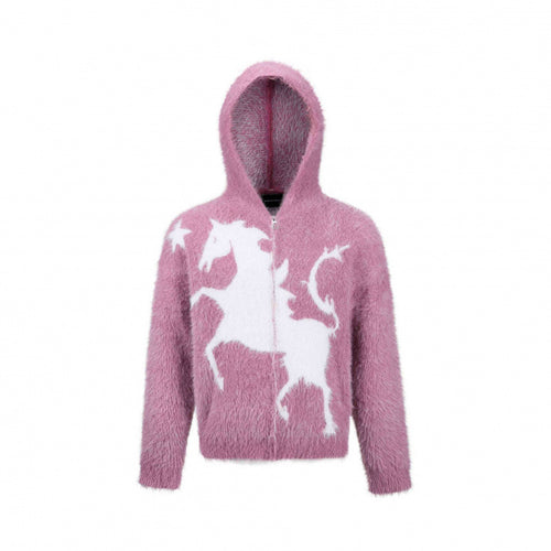 Unisex Flauschiger Kapuzenpullover mit Einhorn-Motiv und durchgehendem Reißverschluss Shop Nory