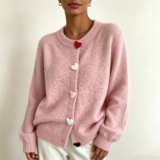 Damen Flauschiger Kurzcardigan mit Herz‑Knopfleiste und Raglanärmeln Shop Nory