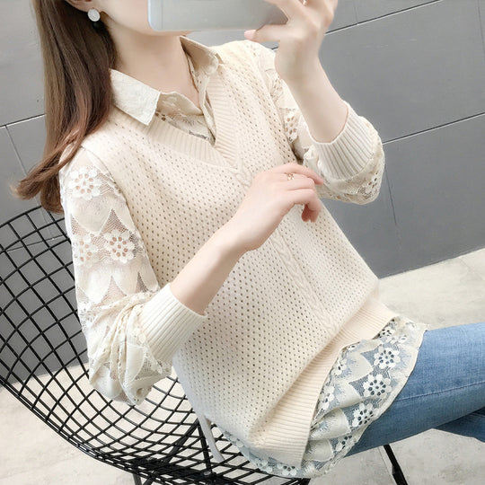 Damen Verspielter Strickpullover mit Spitzenapplikation Shop Nory