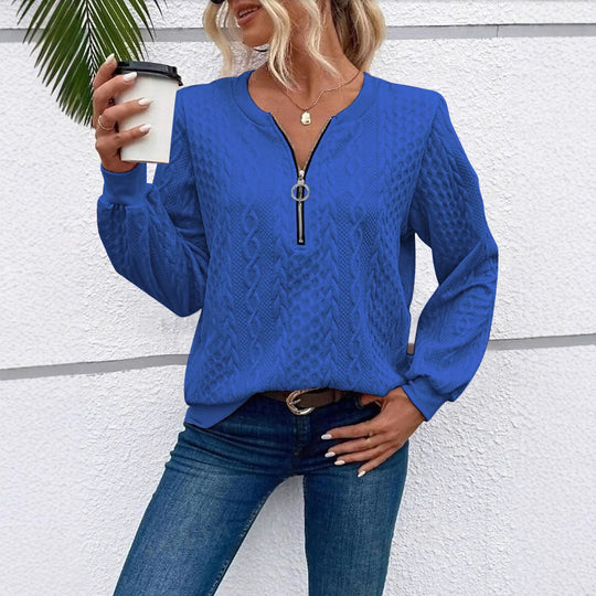 Damen grob strukturiertes Strickpullover mit Kabelmuster, halber Reißverschluss und Ballonärmel Shop Nory