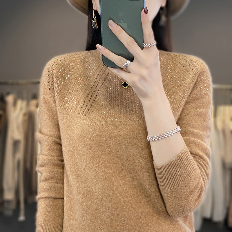 Damen Weicher Kaschmir‑Optik Feinstrickpullover mit Ajour‑Yoke und Paillettenbesatz Shop Nory