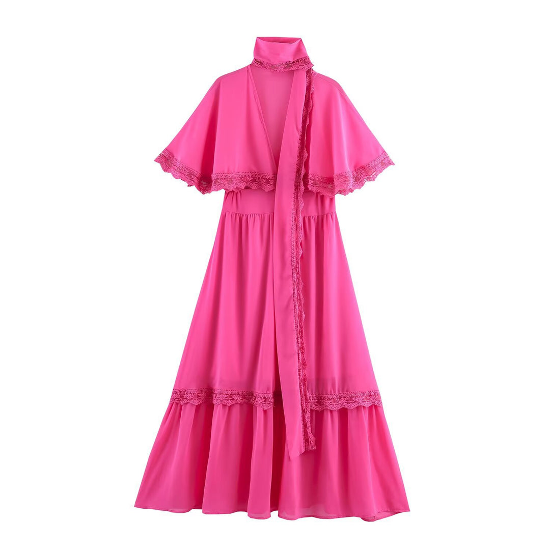 Damen Maxikleid mit Capelet, Stehkragen und Spitzenverzierung Shop Nory