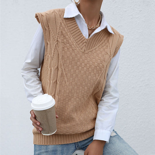 Damen Strick-Weste mit V‑Ausschnitt, Zopfmuster und lässiger Oversize-Silhouette Shop Nory