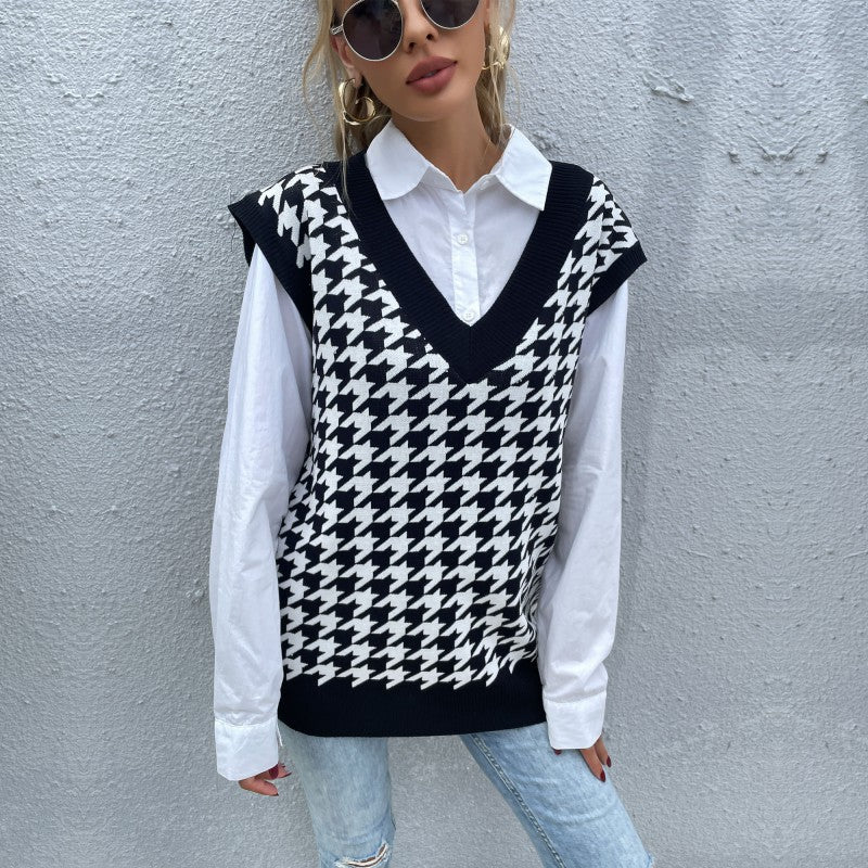 Damen Oversize Strickweste mit Hahnentrittmuster und V-Ausschnitt Shop Nory
