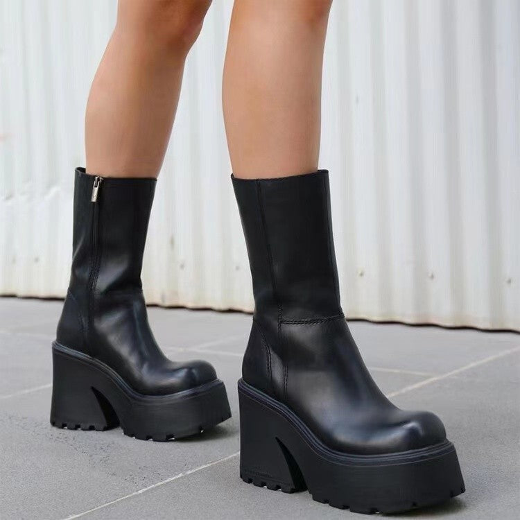 Damen Plateau-Stiefel mit hohem Blockabsatz und modischem Reißverschluss Shopnory