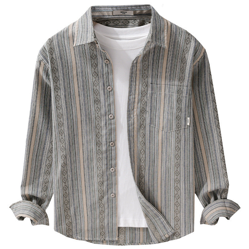Herren Leichtes gestreiftes Baumwoll-Leinenhemd im Ethno-Streifen-Muster Shop Nory