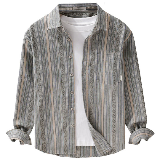 Herren Leichtes gestreiftes Baumwoll-Leinenhemd im Ethno-Streifen-Muster Shop Nory