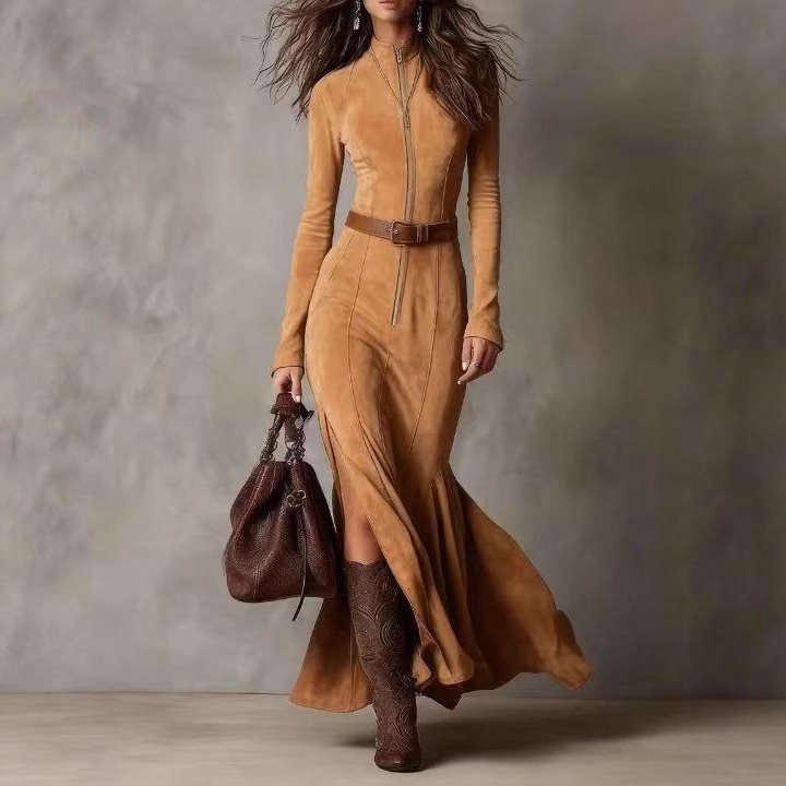 Damen Figurbetontes Midikleid aus Velourslederimitat mit Stehkragen und Zentralem Reißverschluss Shop Nory