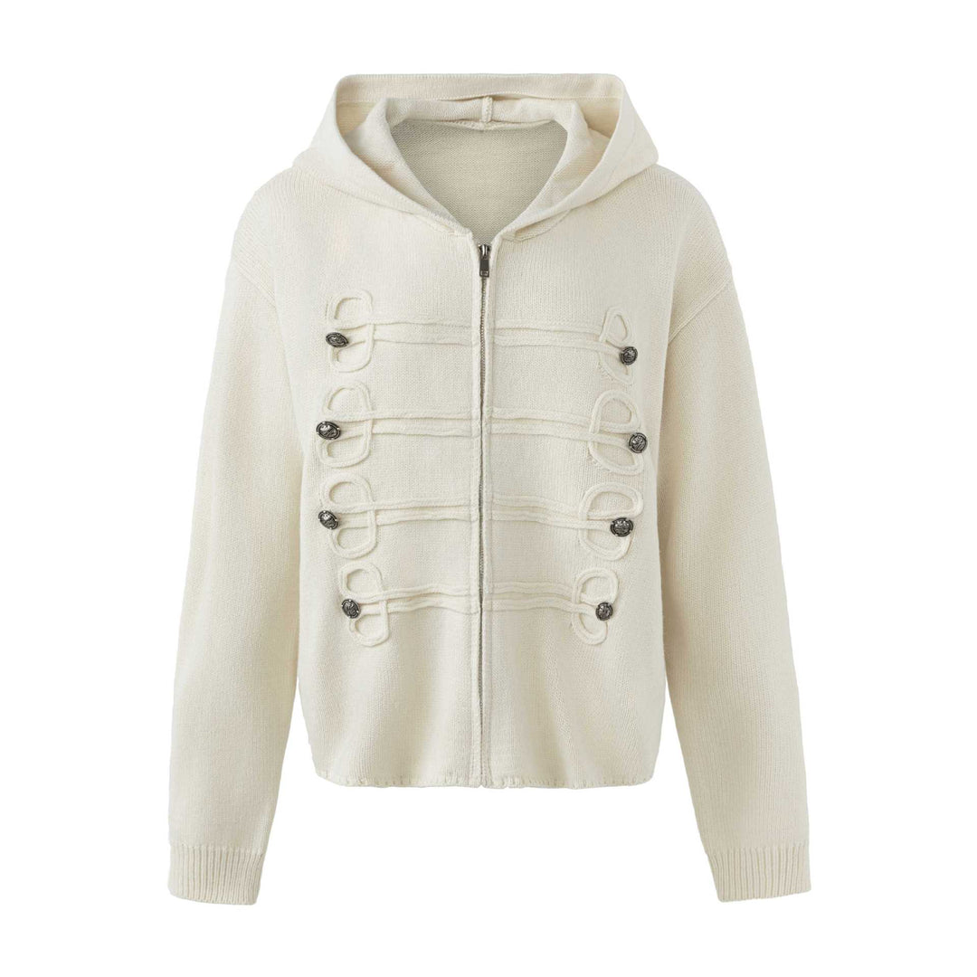 Damen Kapuzen-Strickjacke mit militärischen Zierknöpfen und Reißverschluss Shop Nory