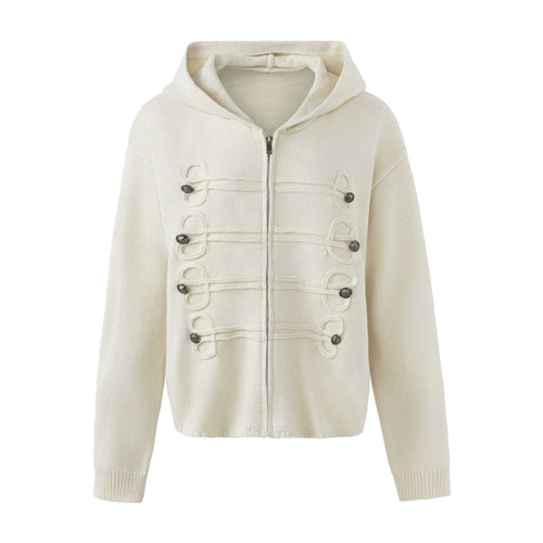 Damen Kapuzen-Strickjacke mit militärischen Zierknöpfen und Reißverschluss Shop Nory