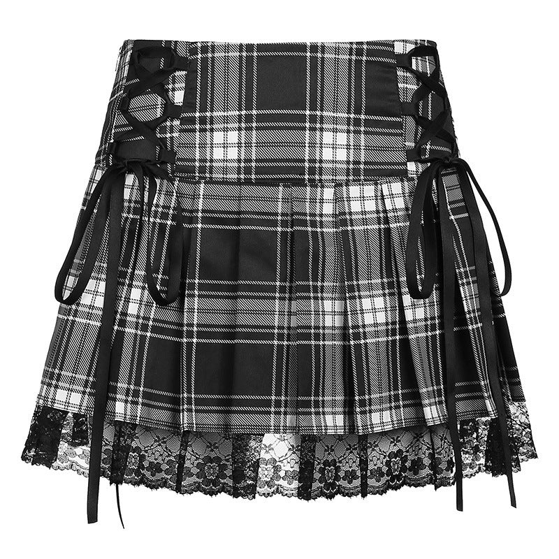 Damen karierter Minirock mit Spitzenabschluss und Schnürdetails
