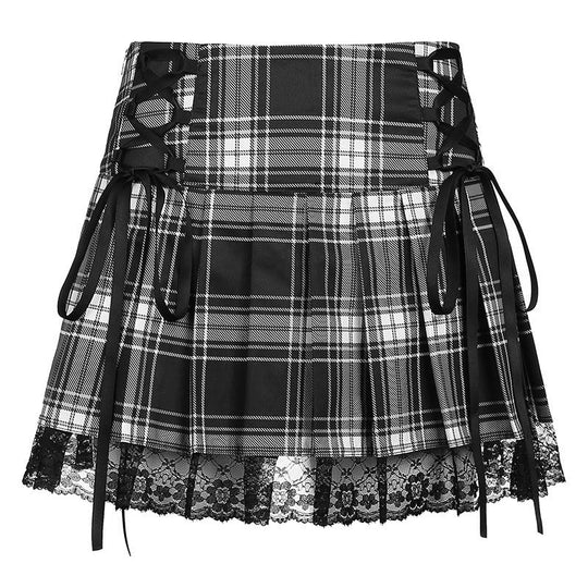 Damen karierter Minirock mit Spitzenabschluss und Schnürdetails