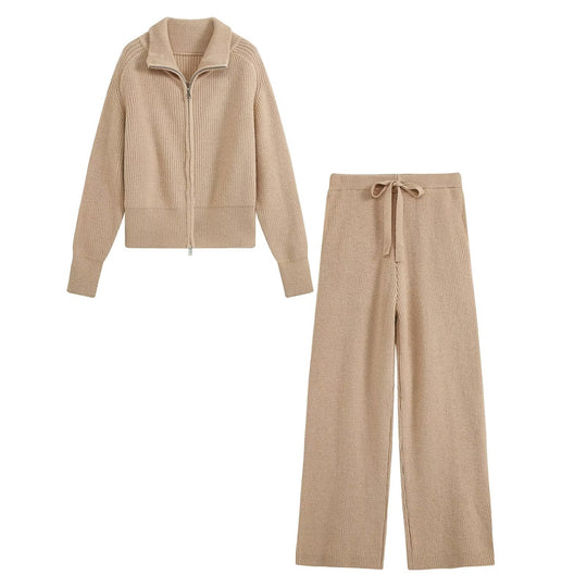Damen Zweiteiliges Strickset mit Reißverschluss-Cardigan, Stehkragen und weitem Bein Shop Nory