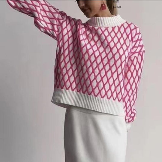 Damen Oversize Strickpullover mit Rautenmuster und Stehkragen Shop Nory