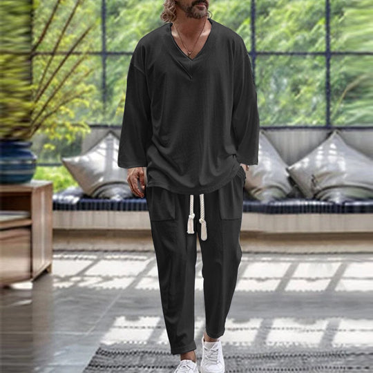 Herren Lässiges Lounge-Set aus Baumwollmix mit V-Ausschnitt und Kordelbundhose Shop Nory