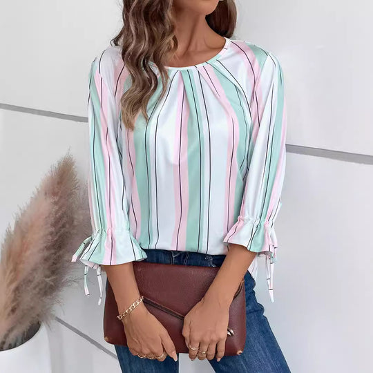 Damen leichte gestreifte Bluse mit Rundhalsausschnitt und dreiviertel-Ärmeln mit Schleifenbändern Shop Nory