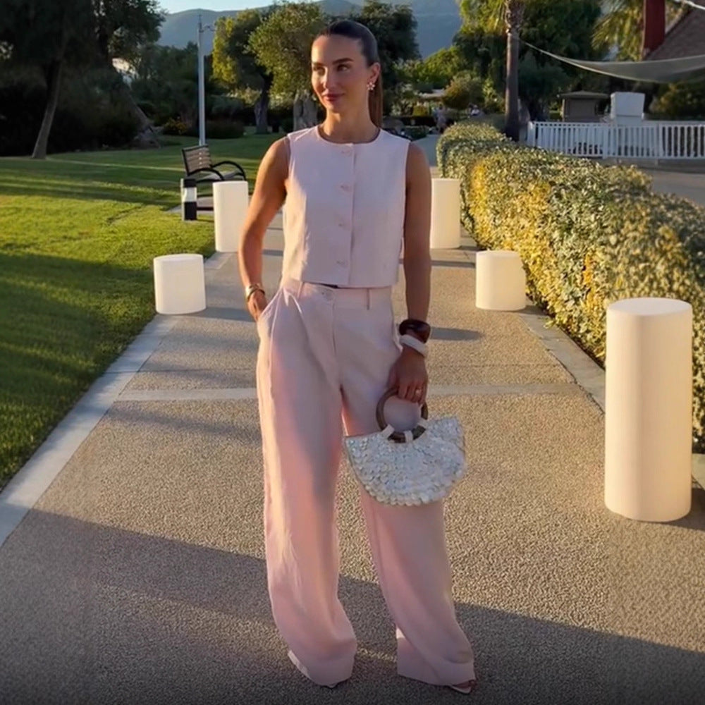 Damen Hochtaillierte weite Sommerhose mit Bügelfalte und Eingrifftaschen Shop Nory