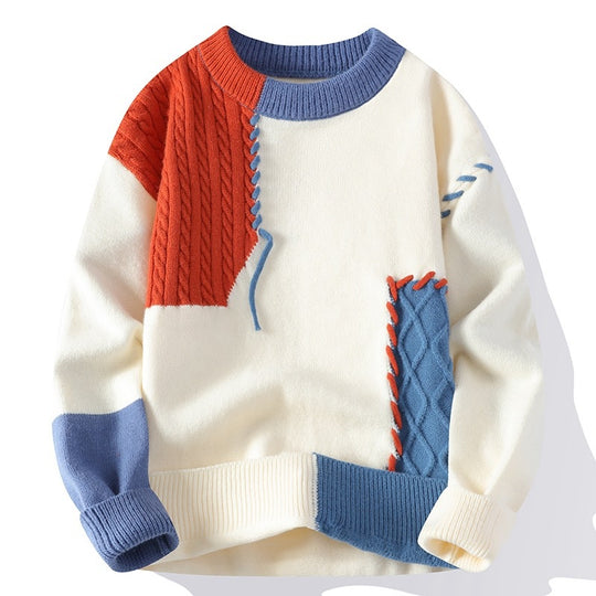Unisex Patchwork-Strickpullover mit Zopfmuster-Applikationen und Rippabschlüssen Shop Nory