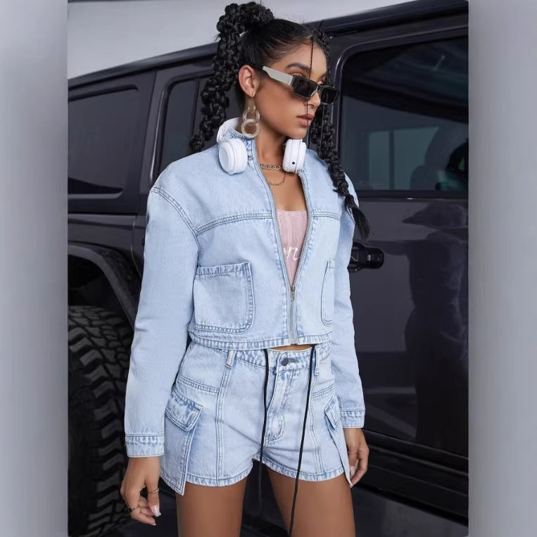 Damen kurzes Denim-Set mit Cropped-Jacke und Cargo-Shorts Shop Nory
