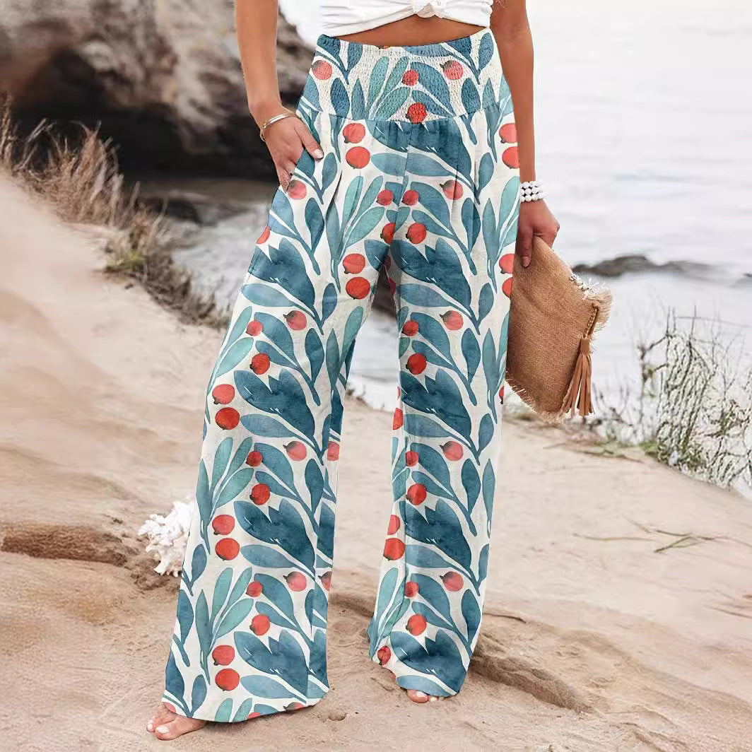Damen Weit geschnittene Sommerhose mit floralem Print und elastischem Bund Shopnory