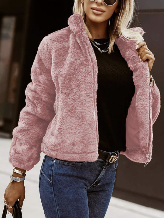 Weiche Damen Teddy Bomberjacke mit Reißverschluss
