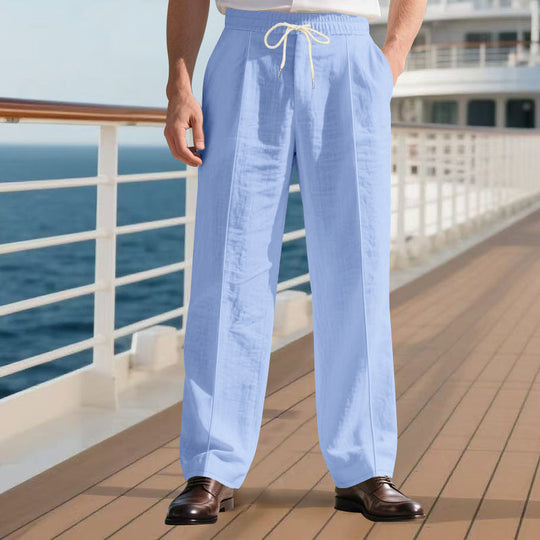 Herren nan legere Leinen-Bundfaltenhose mit elastischem Bund und Kordelzug