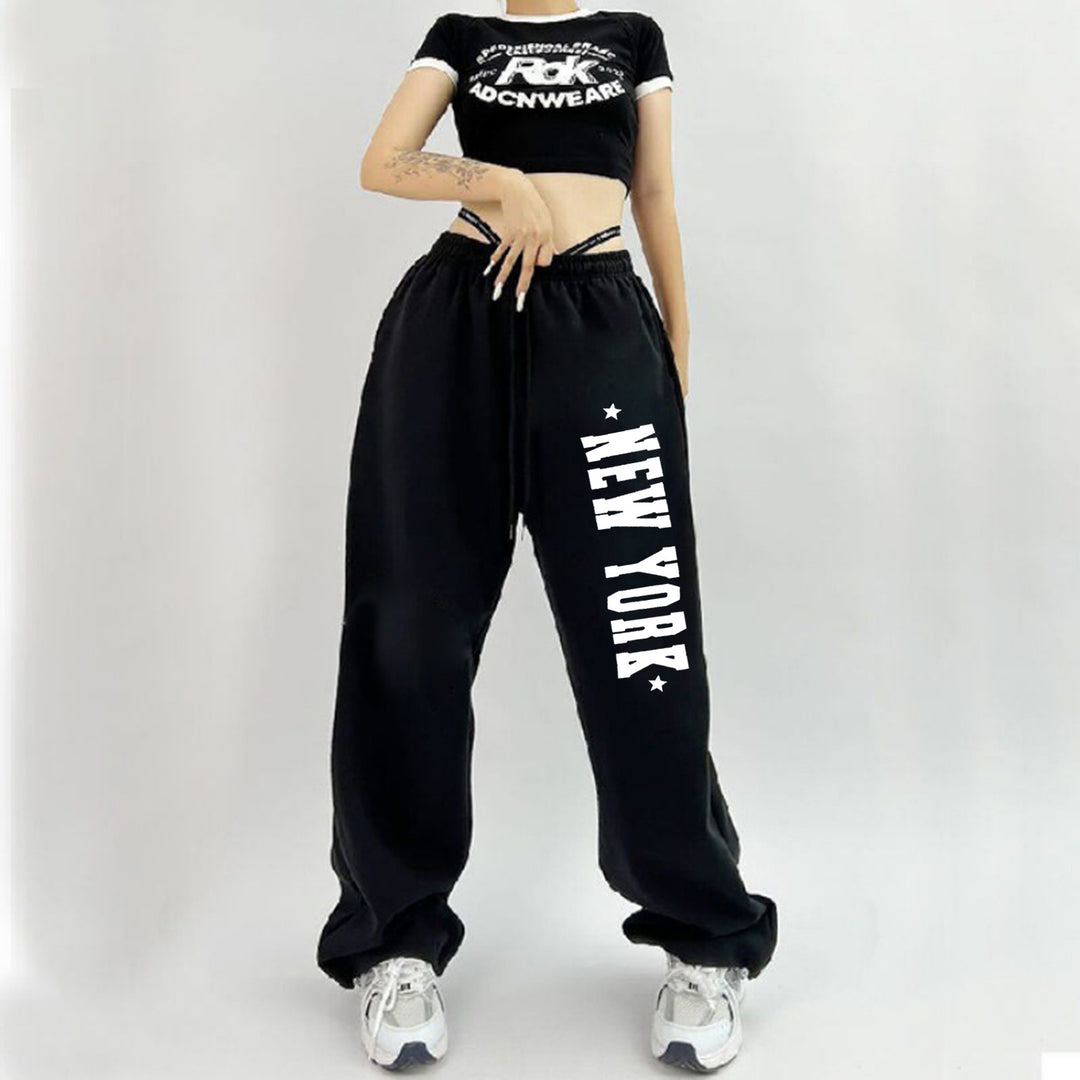 Damen nan weiche Highwaist-Sweatpants mit seitlichem New York-Print, elastischem Bund und Kordel Shop Nory