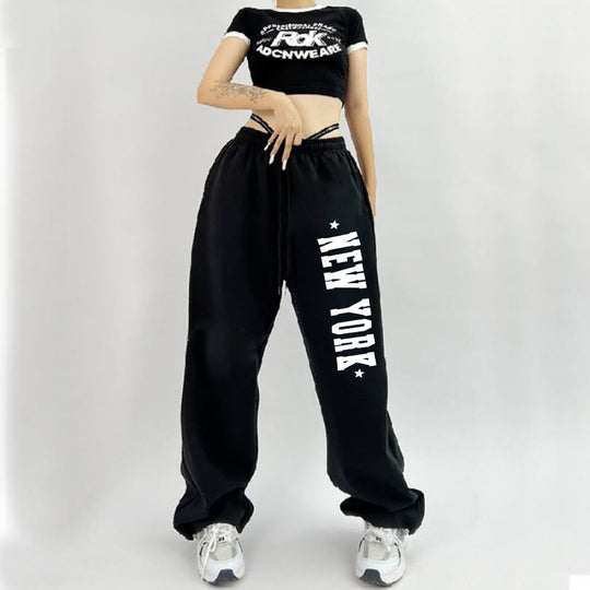 Damen nan weiche Highwaist-Sweatpants mit seitlichem New York-Print, elastischem Bund und Kordel Shop Nory