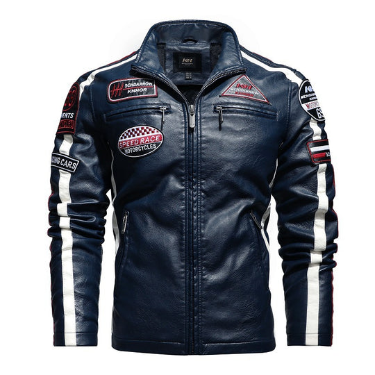 Herren Racing-Style Kunstlederjacke mit Aufnähern, Kontraststreifen und Stehkragen Shop Nory