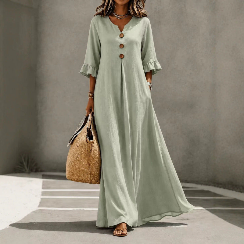 Damen Leichtes Maxikleid aus Leinenoptik mit V-Ausschnitt Zierknopfleiste und Volantärmeln Shop Nory